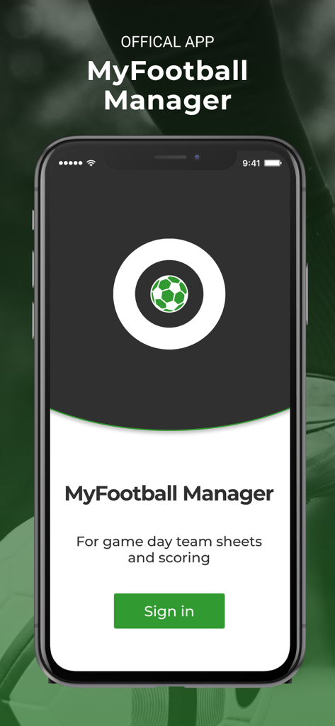 MyFootball Manager - Sign in screen for MyFootball Manager app providing soccer team sheets and live scoring features