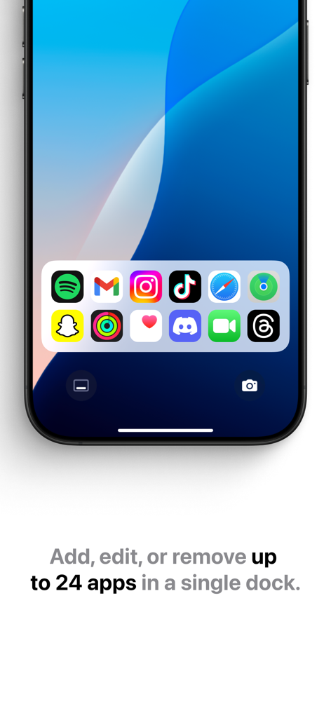 iPhone lock screen displaying a custom widget dock with several app shortcuts