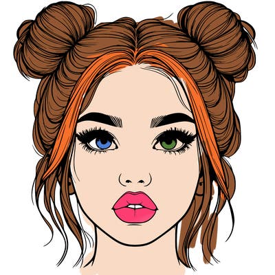 realistic girl with two buns on her hair and lips