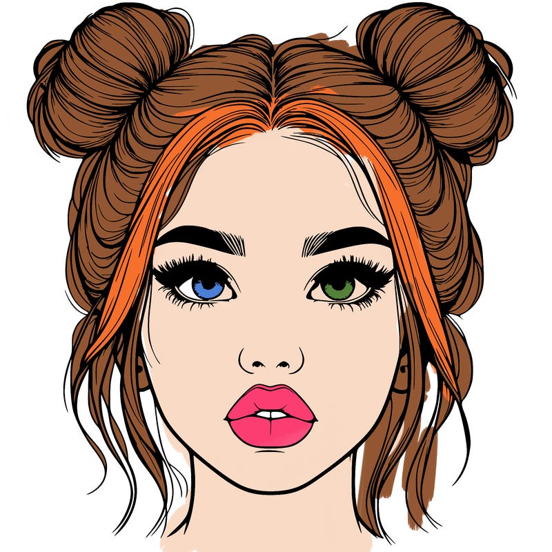 realistic girl with two buns on her hair and lips