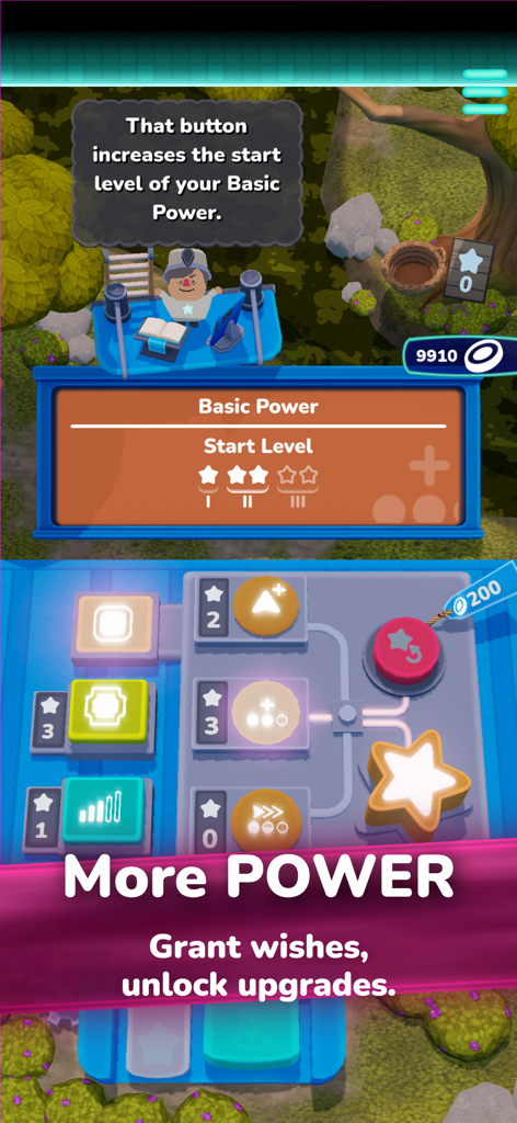 Menú de mejoras de Magenta Arcade II que muestra niveles de poder básicos y árbol de habilidades