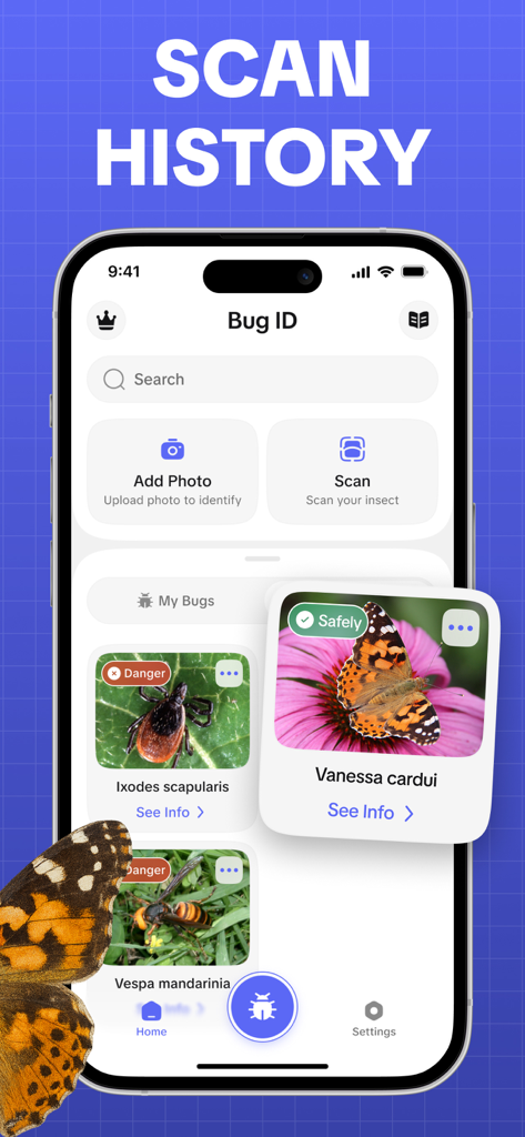 Insect Identifier app screen displaying a list of identified bugs with safety and danger status indicators