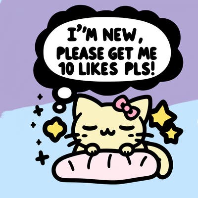 kitty taking a nap dream talking and saying "i'm new, please get me at least 10 likes pls!!"