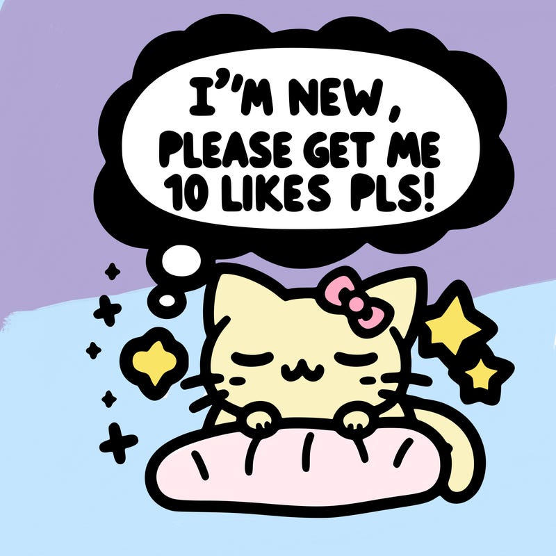 kitty taking a nap dream talking and saying "i'm new, please get me at least 10 likes pls!!"