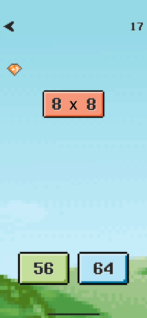 Tap Math - fast challenge - A falling block multiplication problem with two answer buttons in the Tap Math game interface