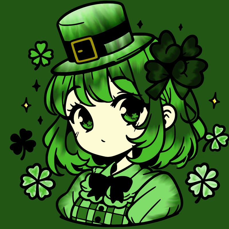 a manga-style girl with clovers around her, a little hat in her hair, like it's saint patrick's day