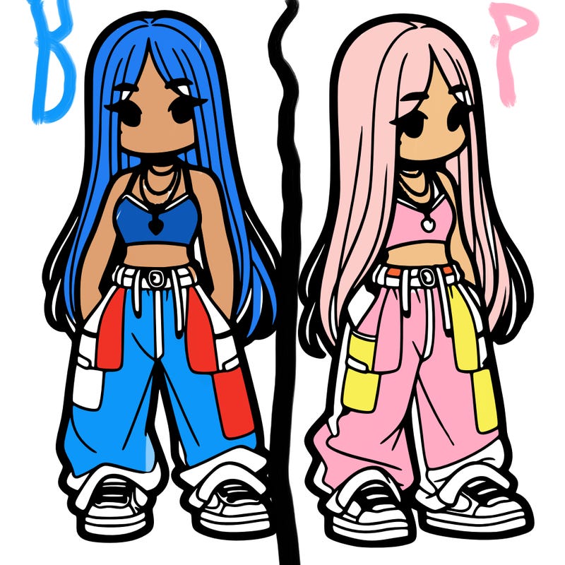 girl in baggy pants crop top and long hair