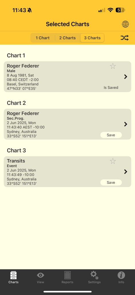 Astro Gold - Astro Gold app interface showing a list of three selected charts including natal, secondary progression, and transits