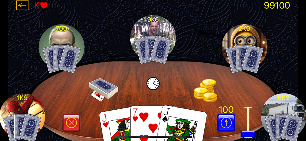 Azi Card Game - 카드와 베팅 코인이 있는 가상 테이블을 보여주는 아지 카드 게임의 게임 플레이 화면