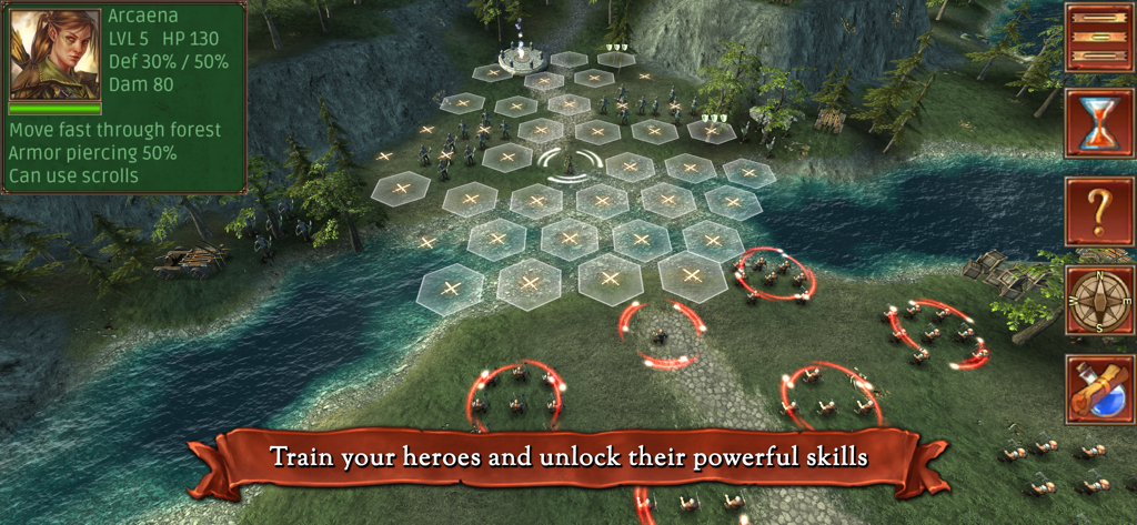 Turn based strategy gameplay in Hex Commander Fantasy Heroes showing hero Arcaena on a hex grid map