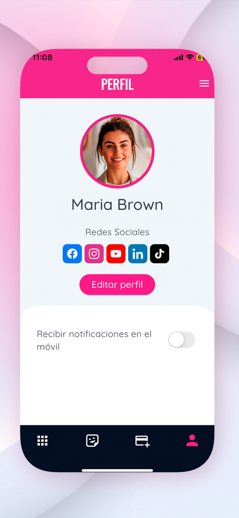 Pantalla de perfil de usuario de la aplicación Socialpubli que incluye foto de perfil, nombre, enlaces a redes sociales y configuración de notificaciones