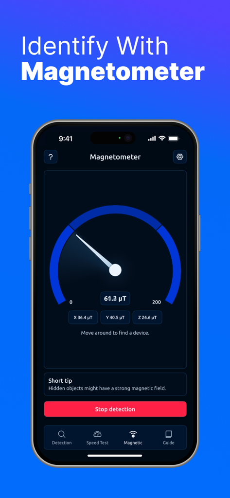 Spy360: Device Finder - Spy360 app interface showing the magnetometer feature to detect hidden electronic devices.