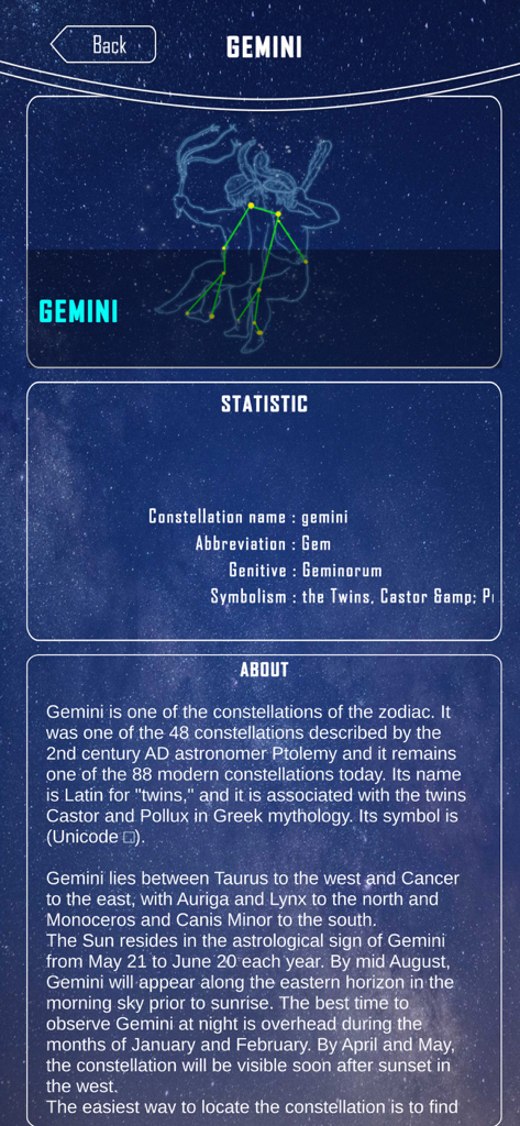 The Constellation Star Finder - Detailed view of Gemini constellation with statistics and history in the Star Finder app