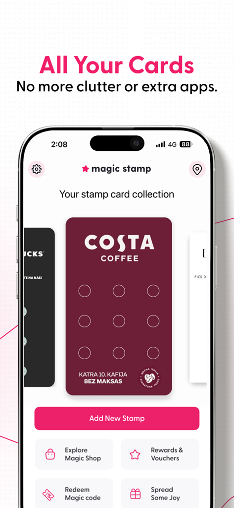 Magic Stamp app interface showing a digital Costa Coffee loyalty card and reward options