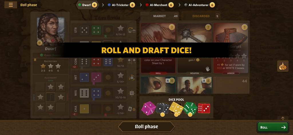 Roll Player - The Board Game - Digital board game interface of Roll Player showing the dice drafting phase and character attribute sheet