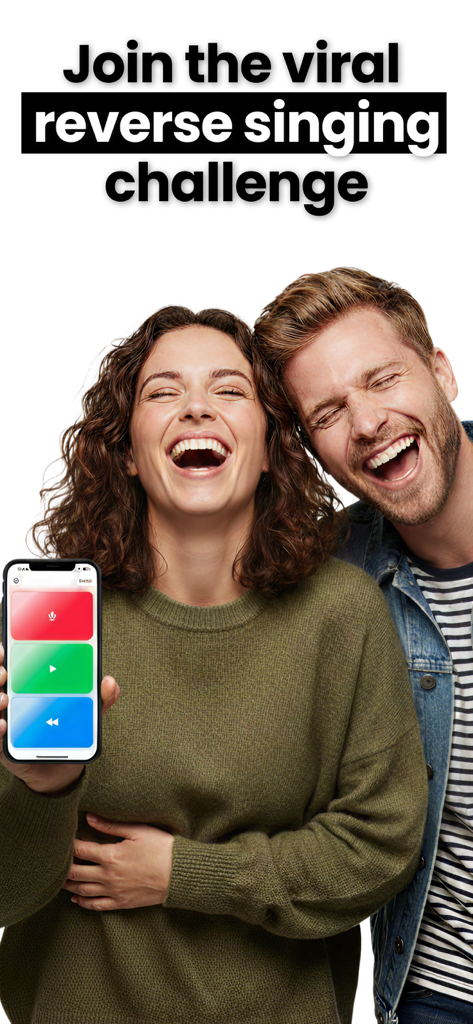 Reverse Play - Voice Changer - A man and woman laughing while using the reverse singing challenge feature on a smartphone