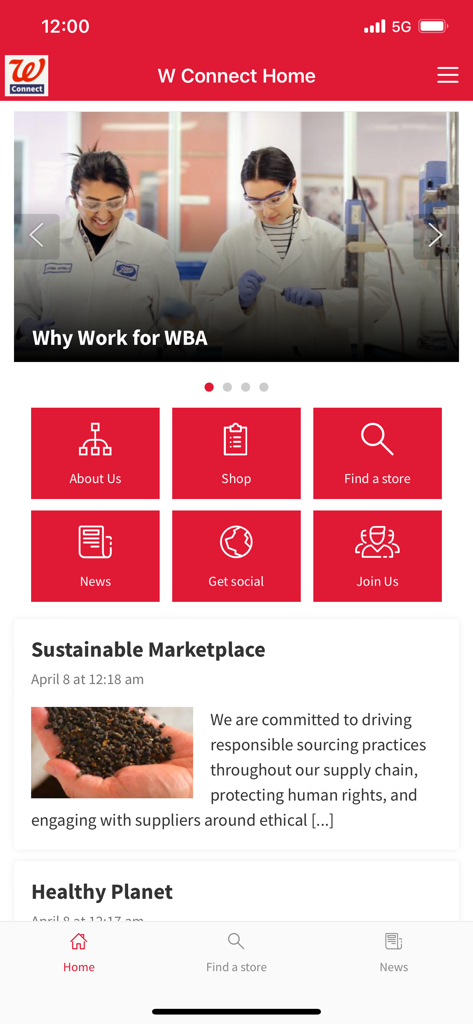 W Connect By Walgreens - The home screen of the W Connect By Walgreens app featuring company news stories and links for employees