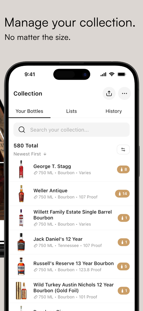 OnlyDrams - OnlyDrams mobile app interface displaying a spirits collection list with bottle names and quantities