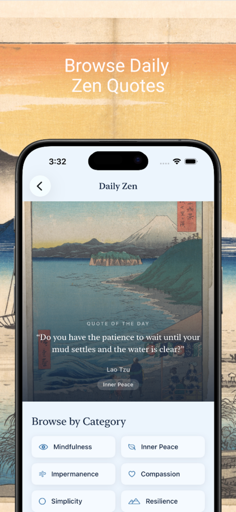Zen Widgets - Capture d'écran de l'application Zen Widgets montrant une citation zen quotidienne de Lao Tseu sur une estampe de paysage japonais avec des catégories pour la pleine conscience et la paix intérieure