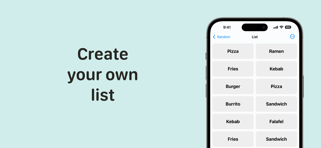 Random Number Generator. RNG - Un écran d'iPhone affichant une liste personnalisée de plats comme Pizza, Ramen et Frites pour une sélection aléatoire.