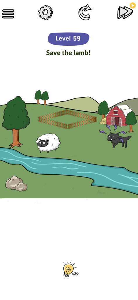 Ein Logikrätsel-Level aus der Brain Tricks App, bei dem das Ziel darin besteht, ein Lamm vor einem Wolf zu retten.