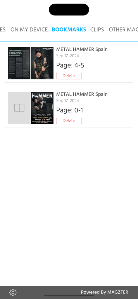 Metal Hammer app bookmarks screen showing saved magazine pages and articles