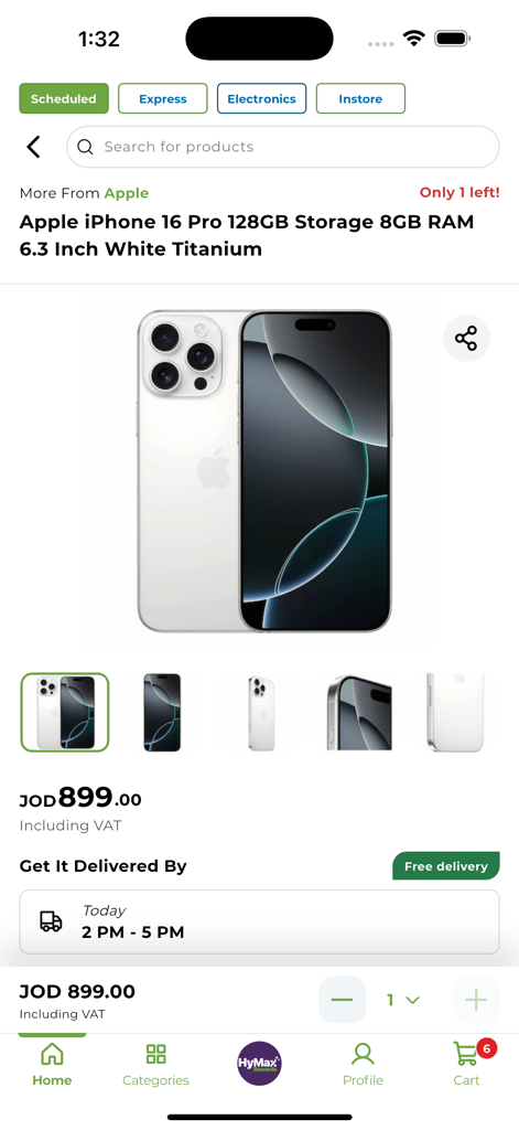 Écran de produit de l'application mobile HyperMax affichant un Apple iPhone 16 Pro en titane blanc avec le prix et les informations de livraison.