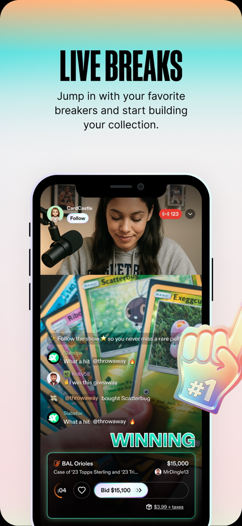 Mobile app interface of Fanatics Live showing a live stream session for card breaking with a chat community and bidding features