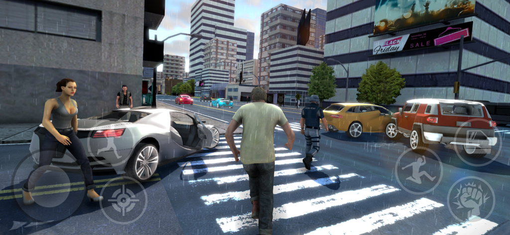 Third person view of a character on a rainy city street with sports cars and skyscrapers in Mad City Crime