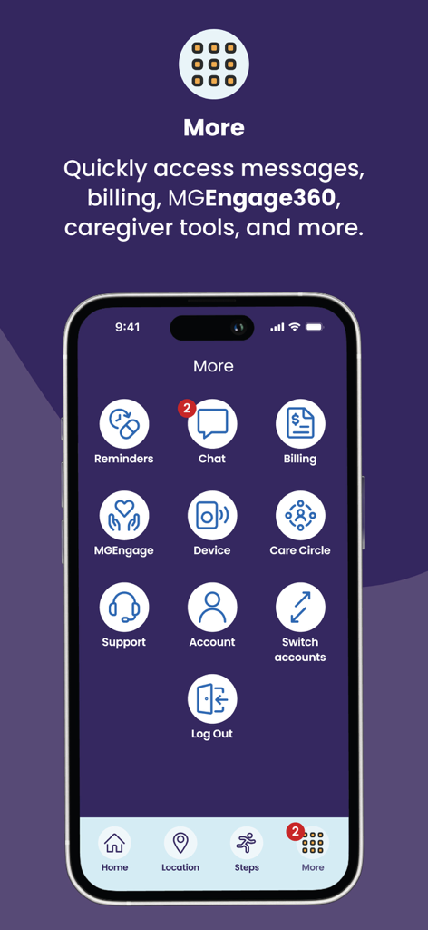 The More menu of the MyMedicalGuardian app displaying icons for reminders, chat, billing, and caregiver tools