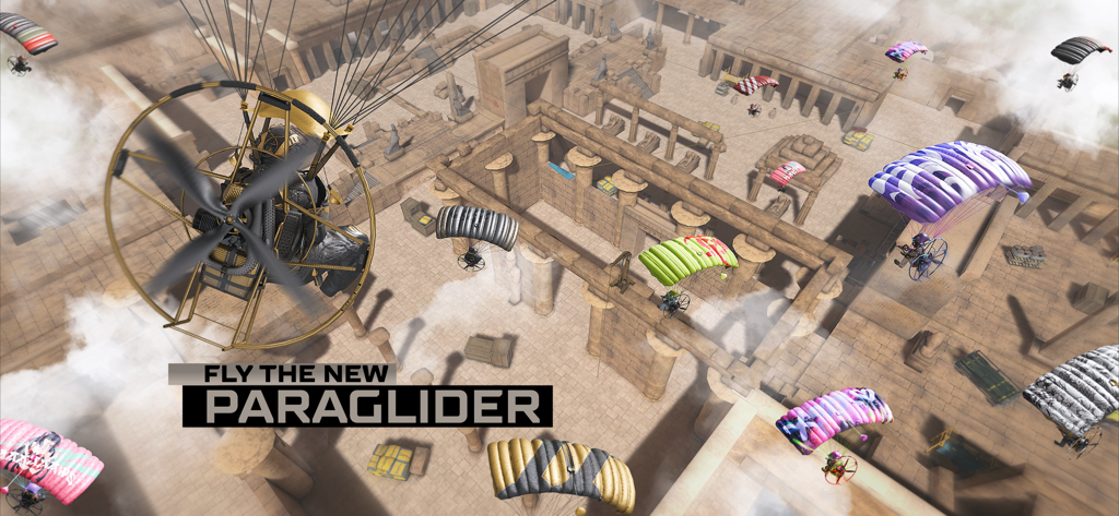 Players using paragliders to descend into an ancient Egyptian temple map in Combat Master Mobile
