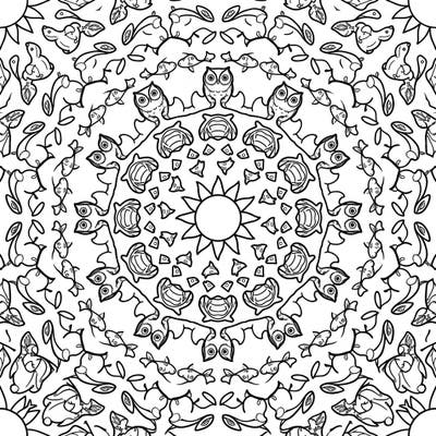 Discover an enchanting world with this unique kaleidoscope animal coloring page, where symmetrical patterns bring together owls, fish, turtles, and bunnies. Designed for kids aged 4-8, it offers a delightful and engaging artistic experience with recognizable creatures and moderate detail.
