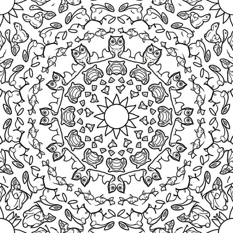 Discover an enchanting world with this unique kaleidoscope animal coloring page, where symmetrical patterns bring together owls, fish, turtles, and bunnies. Designed for kids aged 4-8, it offers a delightful and engaging artistic experience with recognizable creatures and moderate detail.