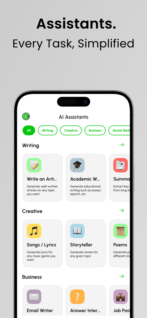 Citrus AI app screen displaying various specialized AI assistants categorized by Writing, Creative, and Business tasks.