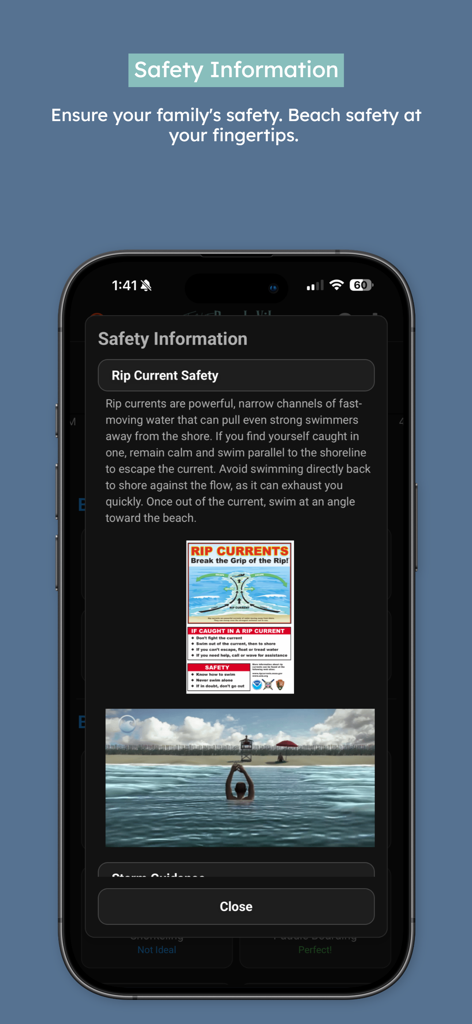 The Beach Vibes - The Beach Vibes app displaying rip current safety information and an educational infographic for beachgoers