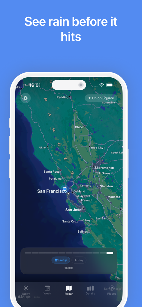Aura — Weather & Surf - Live precipitation radar map of San Francisco and Northern California in the Aura Weather app.