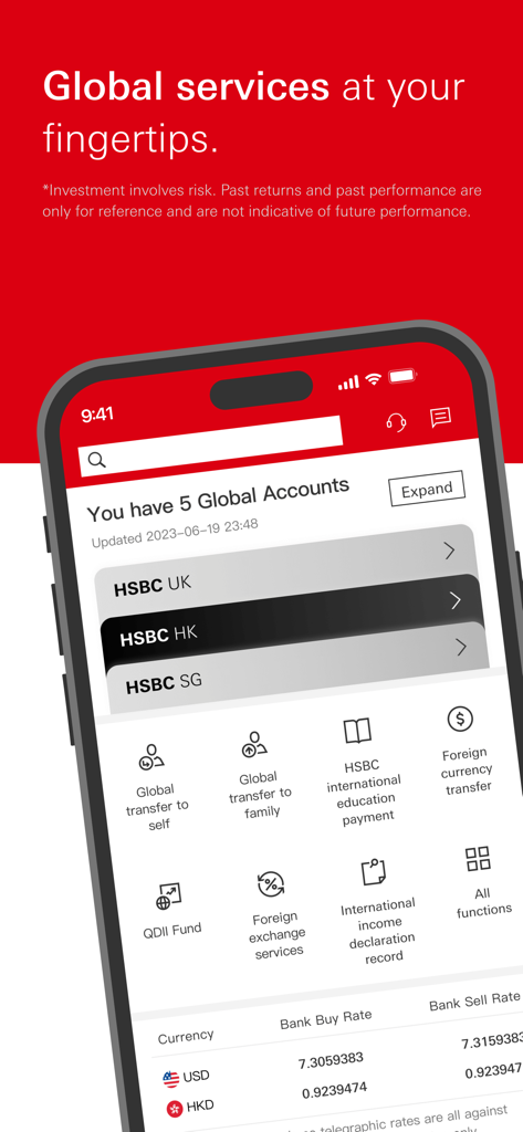 HSBC China - Interface de l'application mobile HSBC Chine montrant les soldes des comptes mondiaux et les fonctionnalités de transfert international
