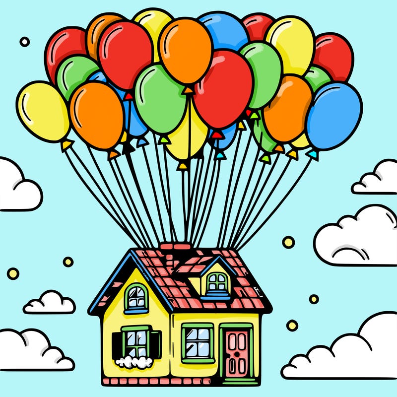 house floating from lots of balloons