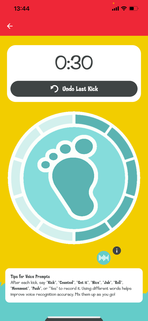 Interface of the Count the Kicks app showing a timer and foot icon for baby movement tracking.