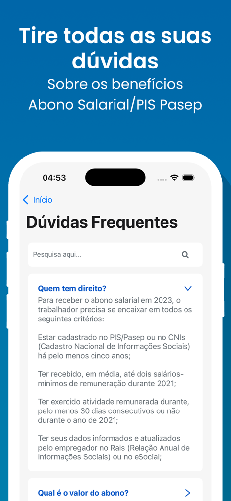 Tela de perguntas frequentes sobre benefícios trabalhistas brasileiros no aplicativo Calculo Trabalhista.