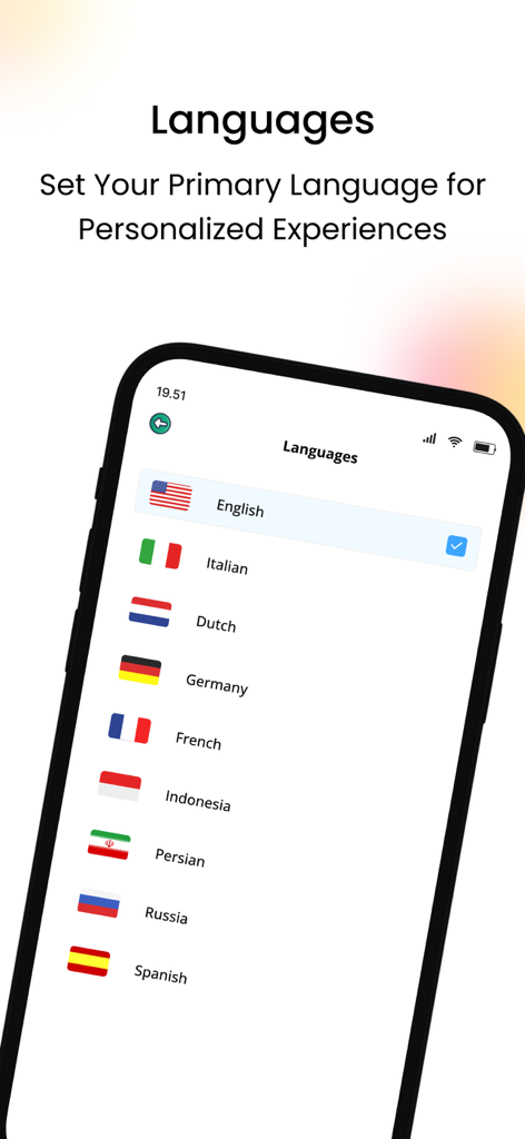 Article Rewriter - Schermata di selezione della lingua nell'app Riscrivi Articoli che mostra varie opzioni linguistiche con bandiere