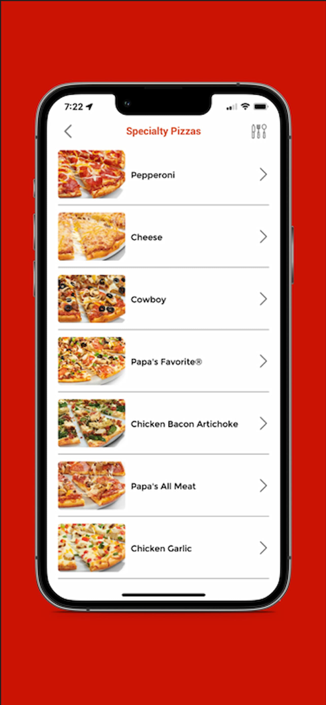 Menu de pizzas especiais no aplicativo móvel Papa Murphys com opções como Cowboy e Papa Favorite