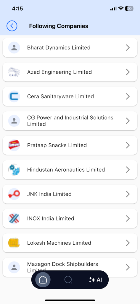 Alpha Tribe: Stock Market - Interface de l'application Alpha Tribe montrant une liste d'entreprises indiennes suivies pour la surveillance du marché boursier