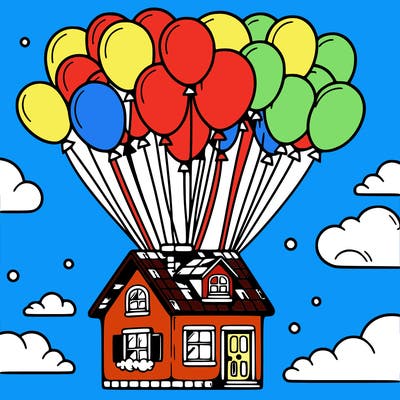 house floating from lots of balloons
