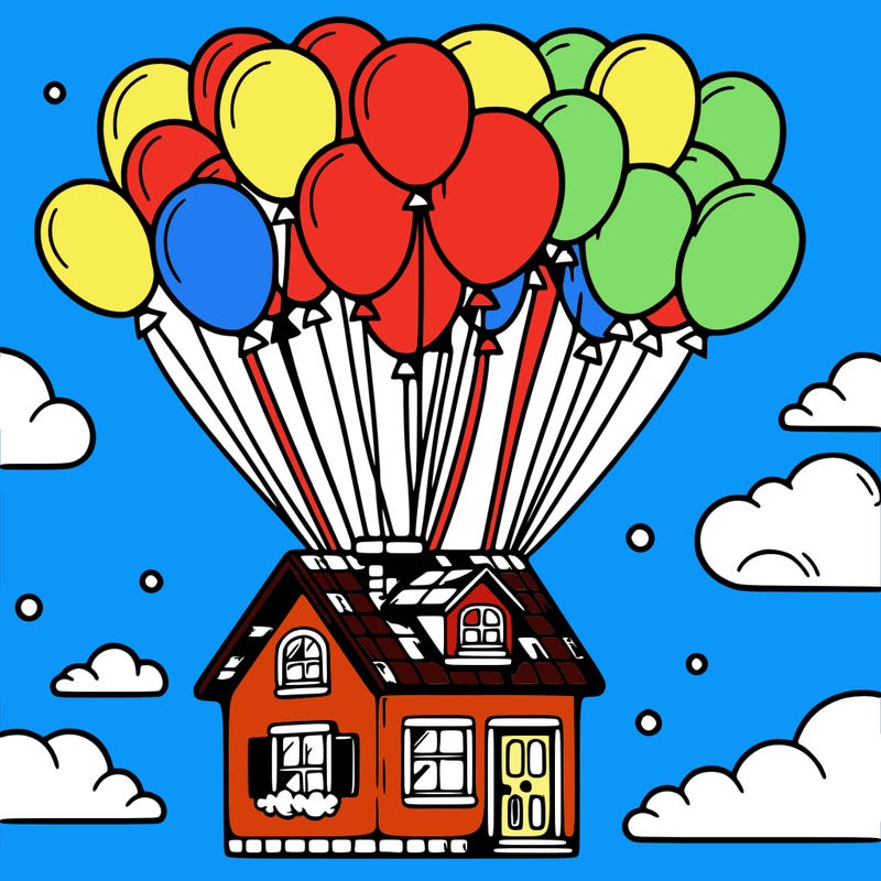 house floating from lots of balloons