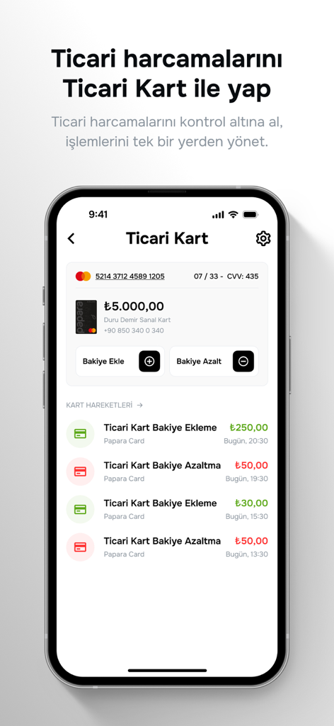 Papara Ticari - Papara Ticari app interface showing commercial card balance and recent business transaction history