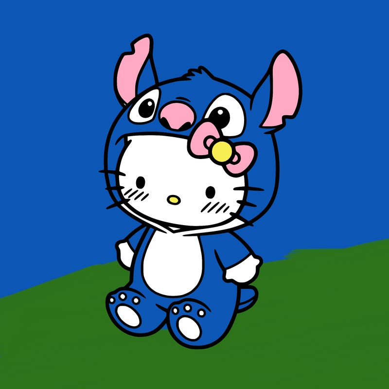 little cute hello kitty, blushing with little stitch costume