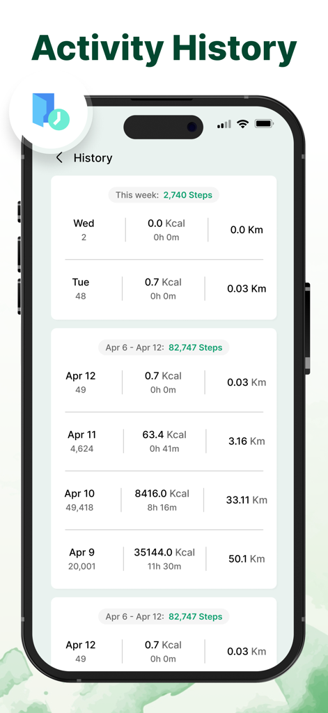 Step Counter and Pedometer App - Activity history screen showing daily steps calories and distance logs