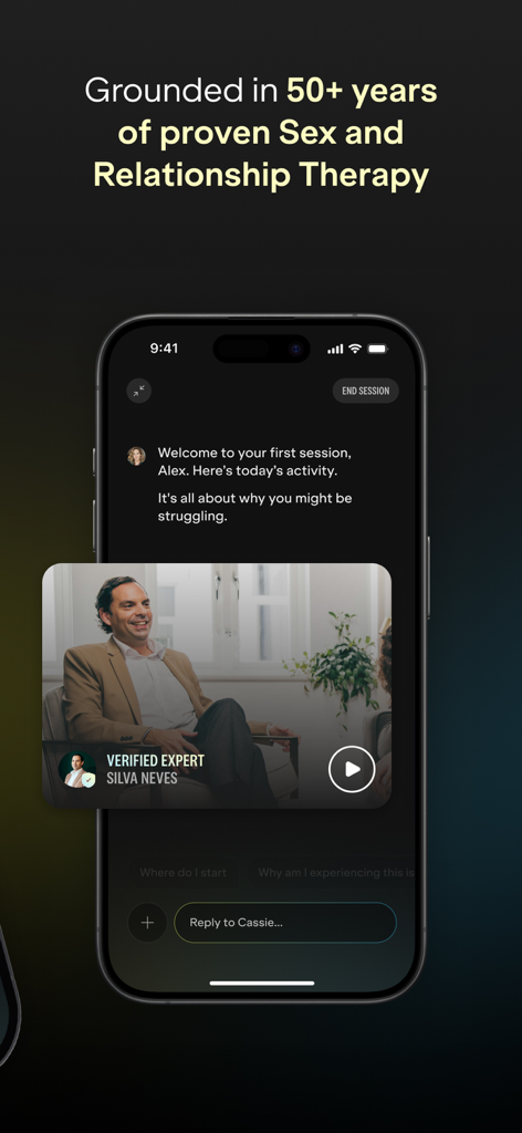 Interface of the Mojo app featuring a personalized sex and relationship therapy session