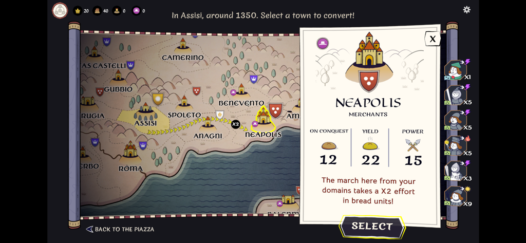 Becoming Saint - A strategic map of 14th century Italy in Becoming Saint showing city conversion stats and unit roster